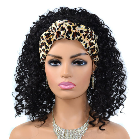 Leopard Print Headband Bandana Wig Head Cover Medium Length Deep Curly Wig Head Cover