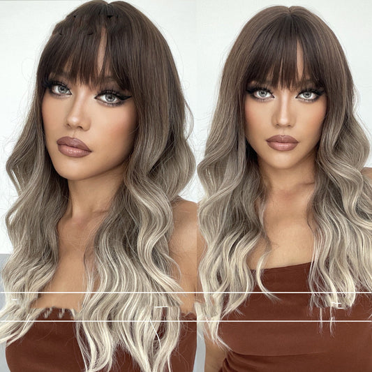 Air Bangs Big Wave Long Curly Hair Gradient Wig