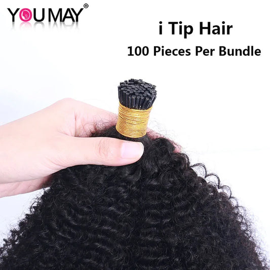 Mongolian Afro Kinky Curly I Tip Hair Extensions For Black Women Human Hair Bundles Weave Clip ins Bulk YouMay Virgin Microlinks