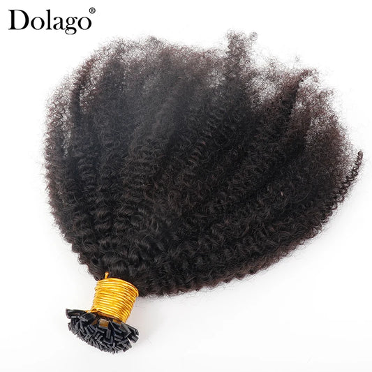 4B 4C Fusion Hair Extensions Afro Kinky Curly Human Hair Bundles Keratin Flat K Tip Hair Extension For Women Naturl Black Dolago