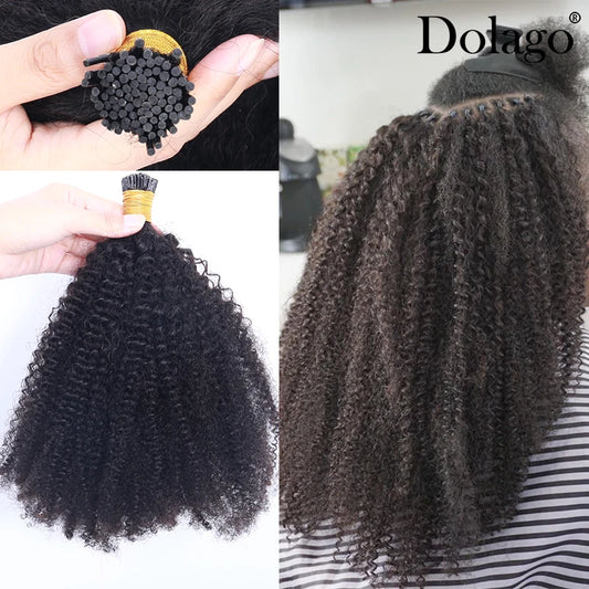 Afro Kinky Curly Hair Bundles 4B 4C I Tips Microlinks F Tips Human Hair Extensions Black For Women Brazilian Bulk Virgin Hair