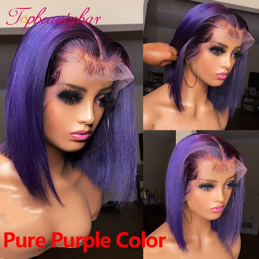 Purple Color Wig Short Bob 13X2 Lace Part Human Hair Wigs Pre Plucked Colored T Part lace Wigs For Women Remy Brazilian Hair