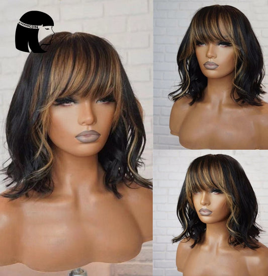 Highlight Honey Blonde Full Machine Made Wigs With Bangs #27 Color Remy Brazilian Short Bob Wavy Human Hair For Women 150Density