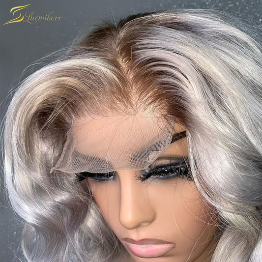 Pre Plucked Glueless Ombre Grey Lace Frontal Human Hair Wigs HD Transparent Highlight Body Wave Wigs For Black Women