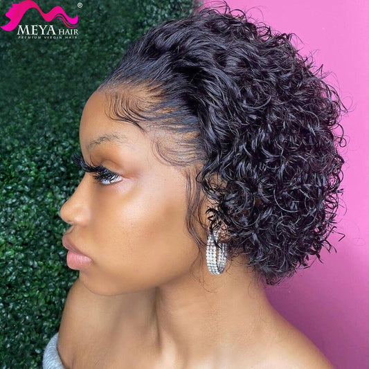 MEYA Curly Bob Transparent Lace Front Human Hair Wigs Malaysian Virgin Short Pixie Cut Wig For Black Women Deep Water Wave Wigs