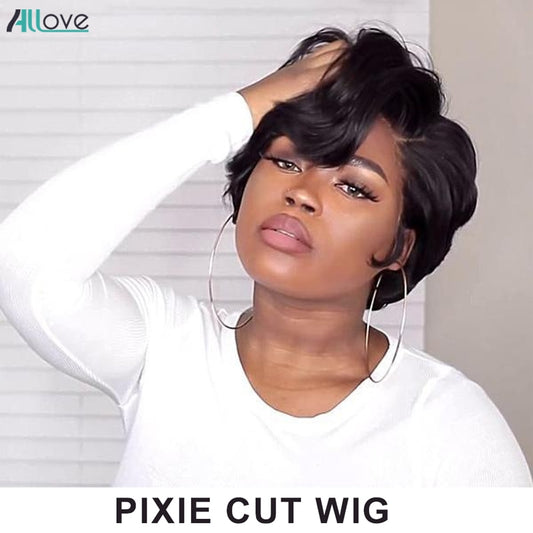 Allove Pixie Cut Wig Finger Wave Human Hair Wig Short Curly Human Hair Wigs For Women Straight Bob Wig Machine Made Short Wig