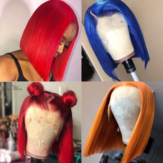 Lace Part Human Hair Wigs Short Bob Wigs 150% Brazilian Human Hair Wig Blue Orange Red Lace Frontal Wigs For Black Women