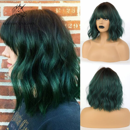 Blonde Unicorn Ombre Green Short Wavy Bob Synthetic Wigs with Bangs Women Shoulder Length Cosplay Hair Wig Heat Resistant Fiber