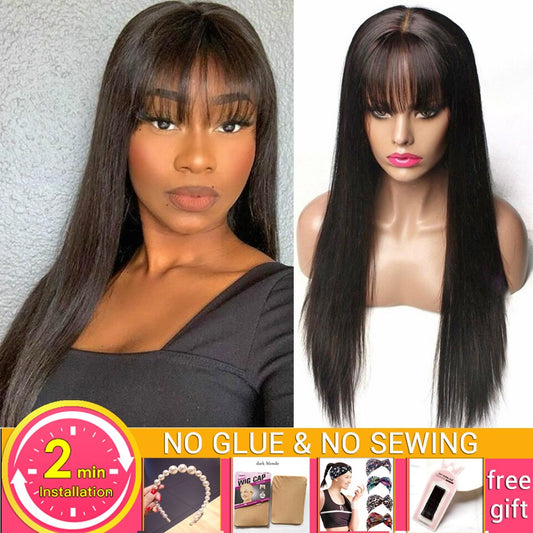 LEVITA Wholesale Bone Straight Human Hair Wig With Bangs Fake Scalp Lace Wig Brazilian Human Hair Wigs For Black Women Non-Remy