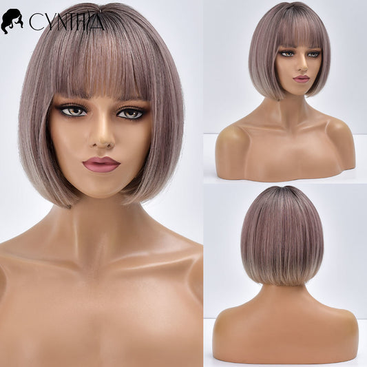 Bob Blonde Short Ombre Straight Brazilian Synthetic Wigs With Bangs For Black White Women Heat Resistant Cosplay Hair Daily Wig