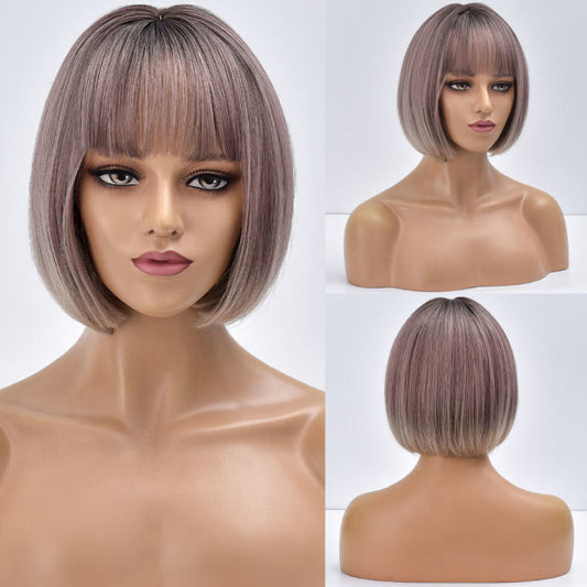 Bob Blonde Short Ombre Straight Brazilian Synthetic Wigs With Bangs For Black White Women Heat Resistant Cosplay Hair Daily Wig