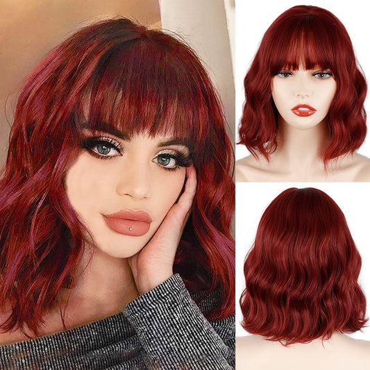 Beauty Short Bob Wigs for Women Synthetic Wavy Wigs with Bangs Shoulder Length Wine Red Wig Heat Resistant Fiber Cosplay hair