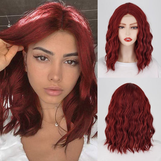 Beauty Short Bob Wigs for Women Synthetic Wavy Wigs with Bangs Shoulder Length Wine Red Wig Heat Resistant Fiber Cosplay hair