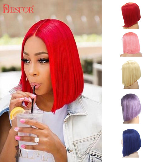 Colored Blonde Full Machine Made Bob Wigs Human Hair Glueless 180% Density Straight Non Lace Front Short Cut Wig For Black Women