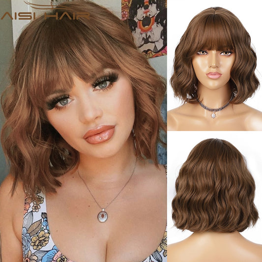 AISI HAIR Short Wavy Wig with Bangs Synthetic Wigs for Women Natural Brown Mixed Black Hair Bob Wig Daily Heat Resistant Fiber