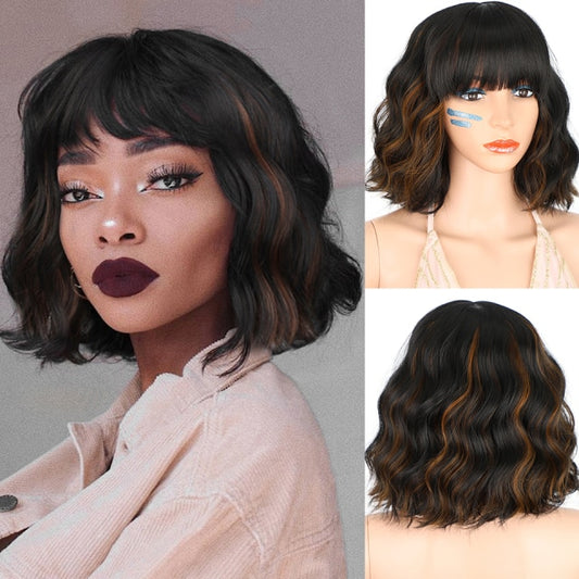 AISI HAIR Short Wavy Wig with Bangs Synthetic Wigs for Women Natural Brown Mixed Black Hair Bob Wig Daily Heat Resistant Fiber